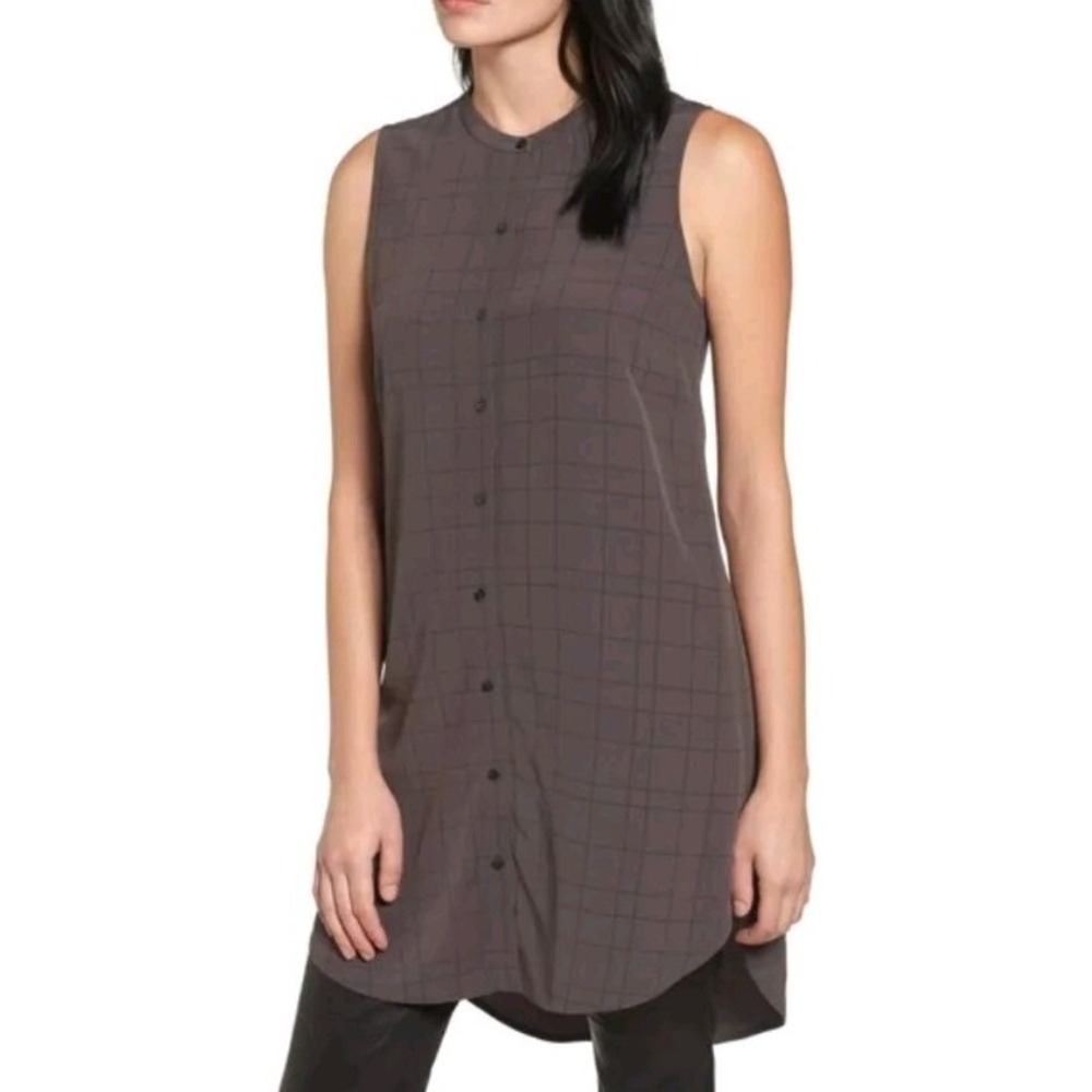 Eileen Fisher Twill‎ Plaid Mandarin Collarless Shirt Dress Womens Size XXS